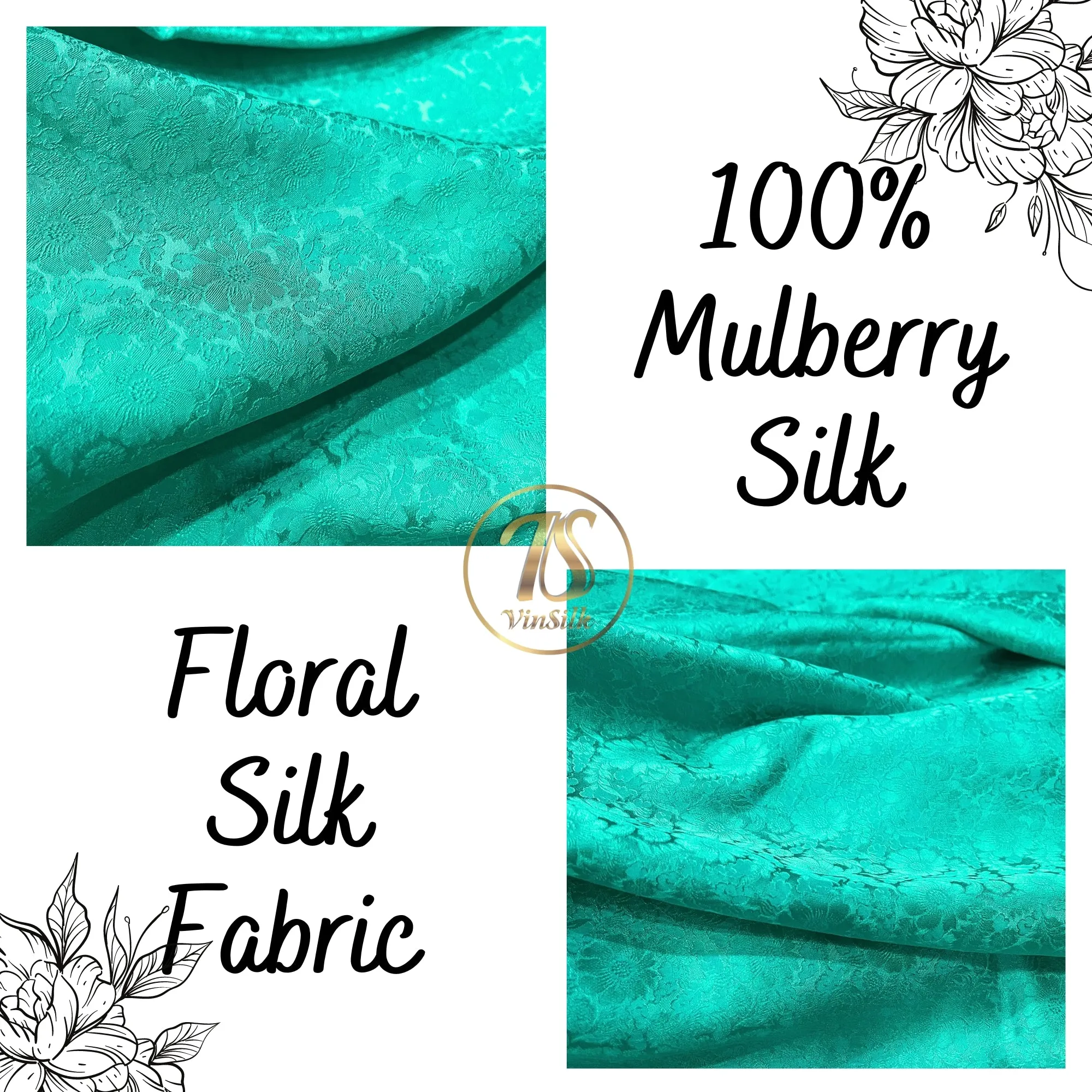 100% PURE MULBERRY SILK fabric by the yard – Floral silk fabric - Light Blue Floral Silk Fabric - Chrysanthemum pattern – Silk for sewing