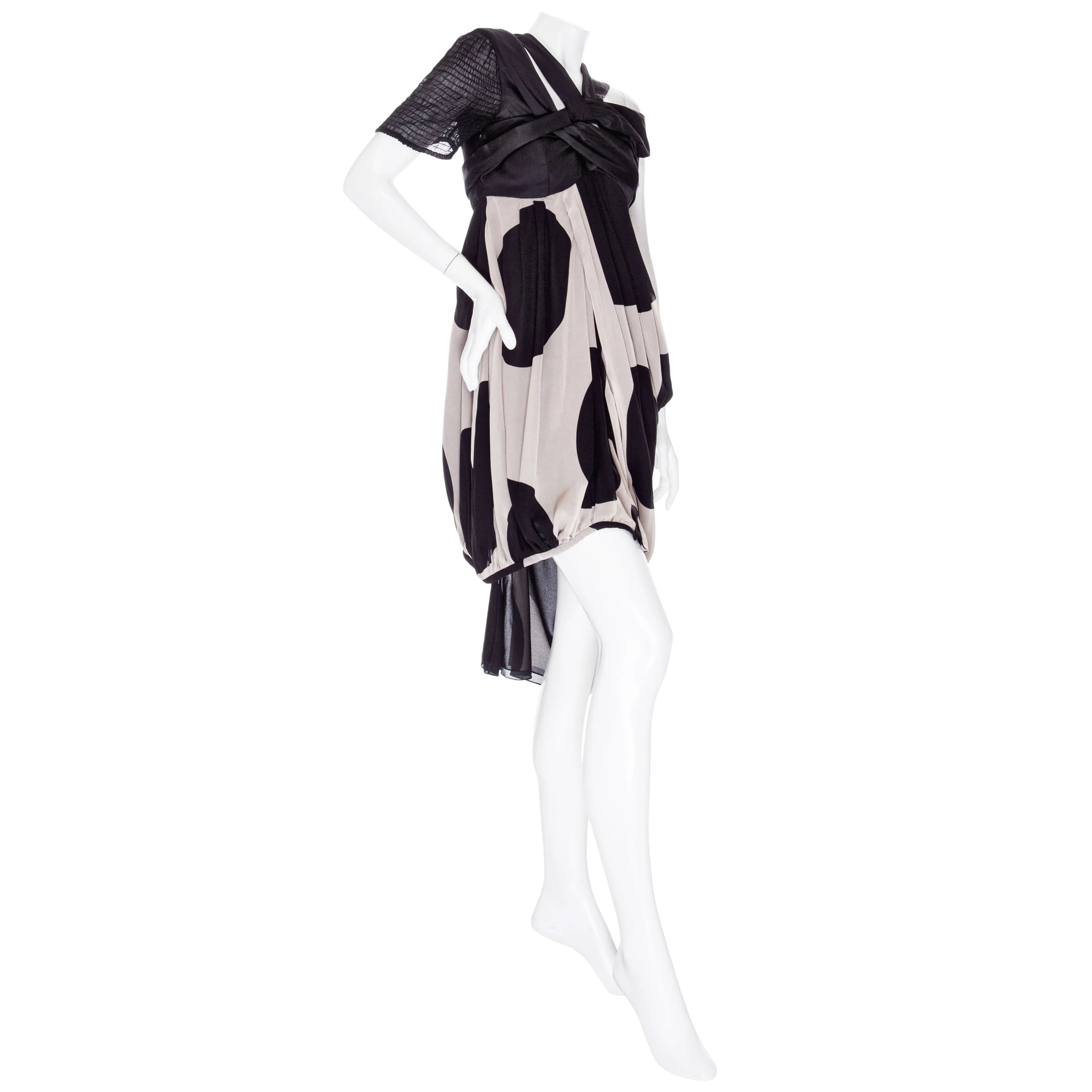 2008 Black and Cream Silk Chiffon Asymmetrical Dot Dress