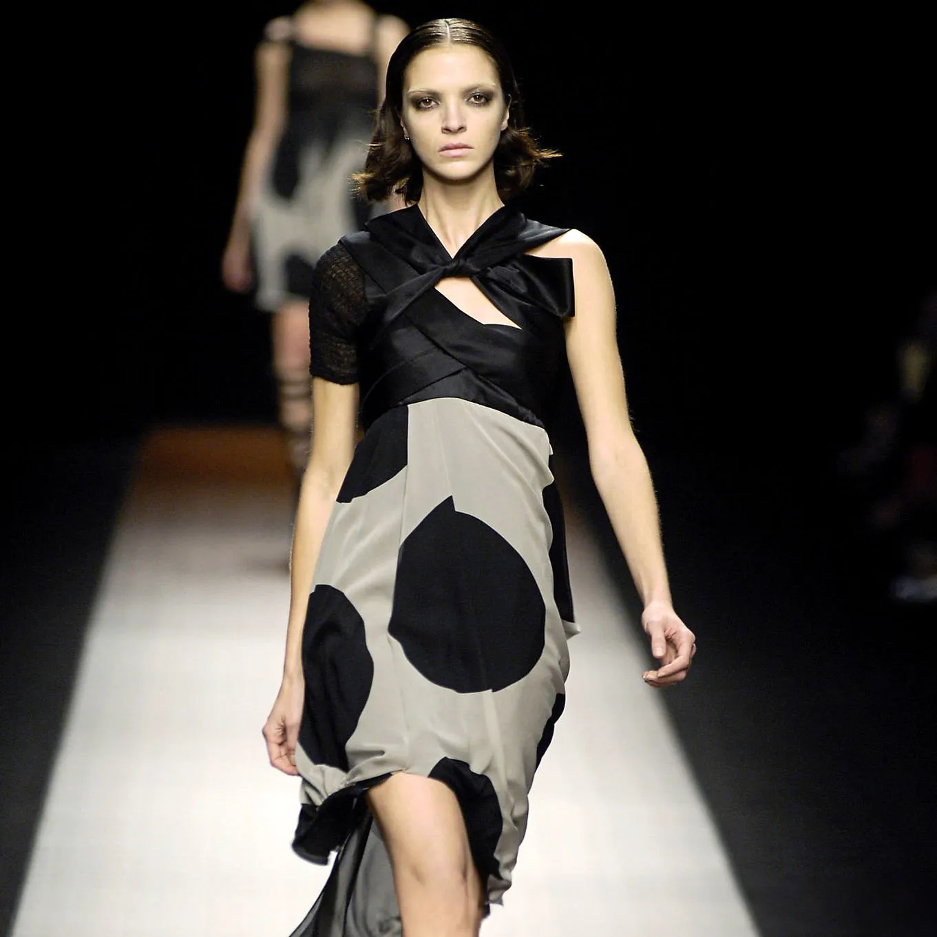 2008 Black and Cream Silk Chiffon Asymmetrical Dot Dress