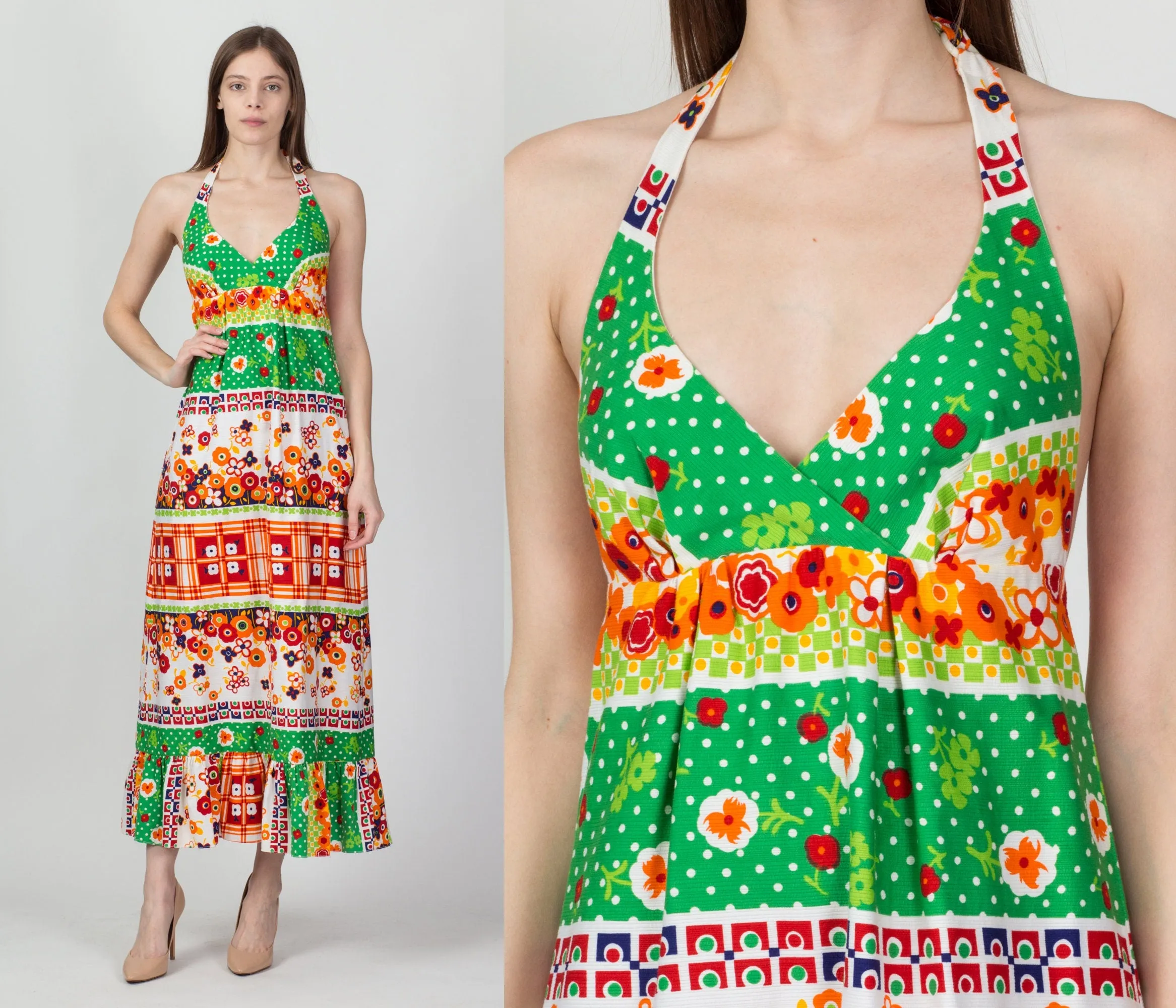 60s 70s Floral Maxi Halter Sundress - Small