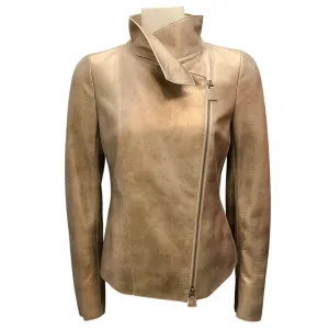 Akris Bronze Metallic Moto Zip Lambskin Leather Jacket