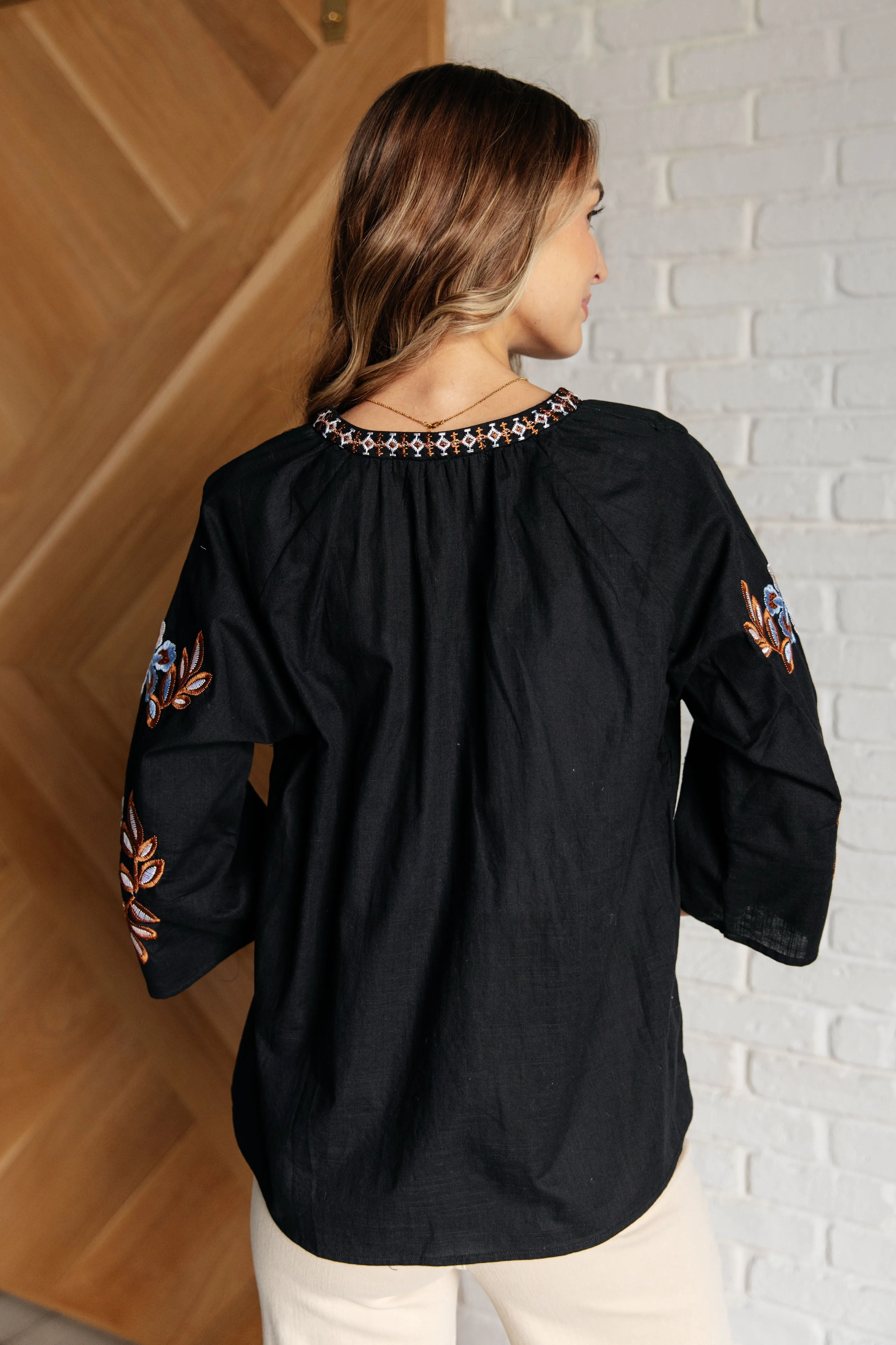 Art Embroidered V-Neck Linen Blouse