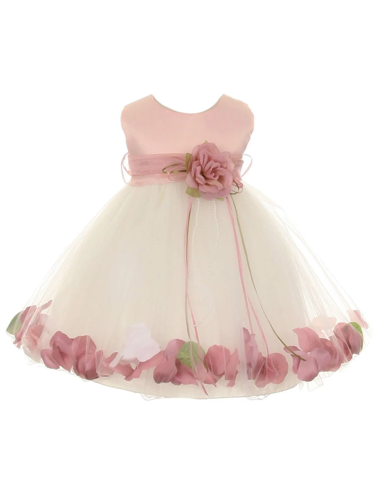 Baby Girl Off - White Rose Top Satin Floating Petals Flower Girl Dress 6-24M