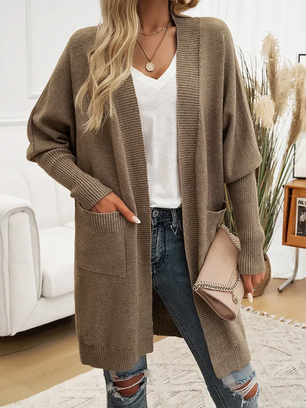 Batwing Sleeves Long Sleeves Pockets Solid Color Collarless Cardigan Tops