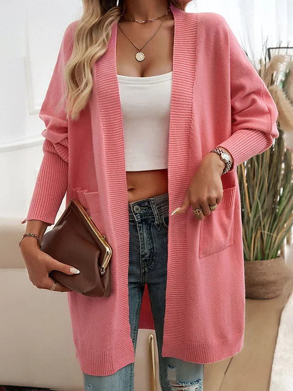 Batwing Sleeves Long Sleeves Pockets Solid Color Collarless Cardigan Tops