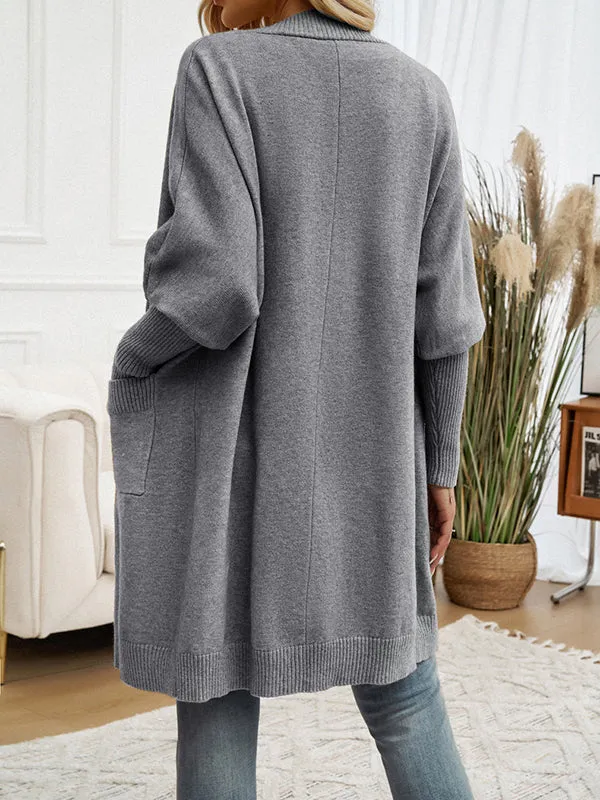 Batwing Sleeves Long Sleeves Pockets Solid Color Collarless Cardigan Tops