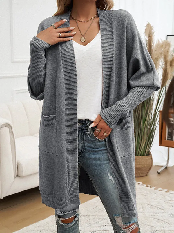 Batwing Sleeves Long Sleeves Pockets Solid Color Collarless Cardigan Tops