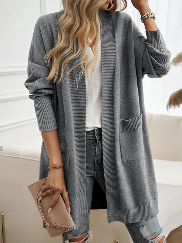 Batwing Sleeves Long Sleeves Pockets Solid Color Collarless Cardigan Tops