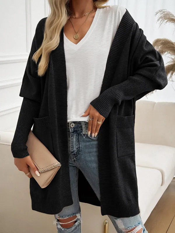 Batwing Sleeves Long Sleeves Pockets Solid Color Collarless Cardigan Tops