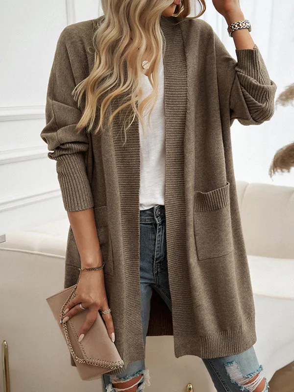 Batwing Sleeves Long Sleeves Pockets Solid Color Collarless Cardigan Tops