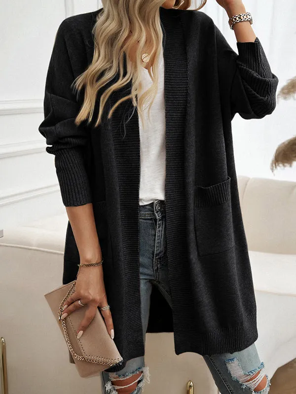 Batwing Sleeves Long Sleeves Pockets Solid Color Collarless Cardigan Tops