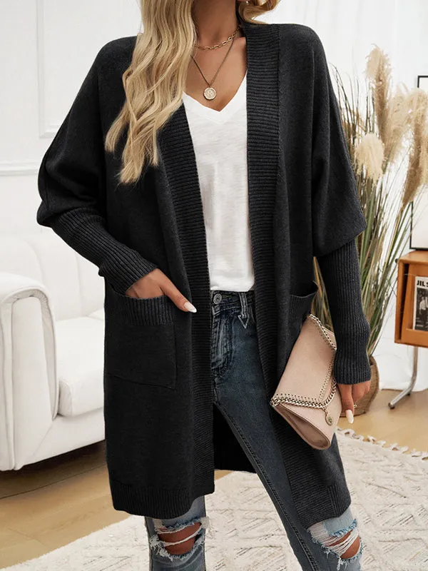 Batwing Sleeves Long Sleeves Pockets Solid Color Collarless Cardigan Tops