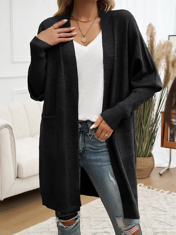 Batwing Sleeves Long Sleeves Pockets Solid Color Collarless Cardigan Tops