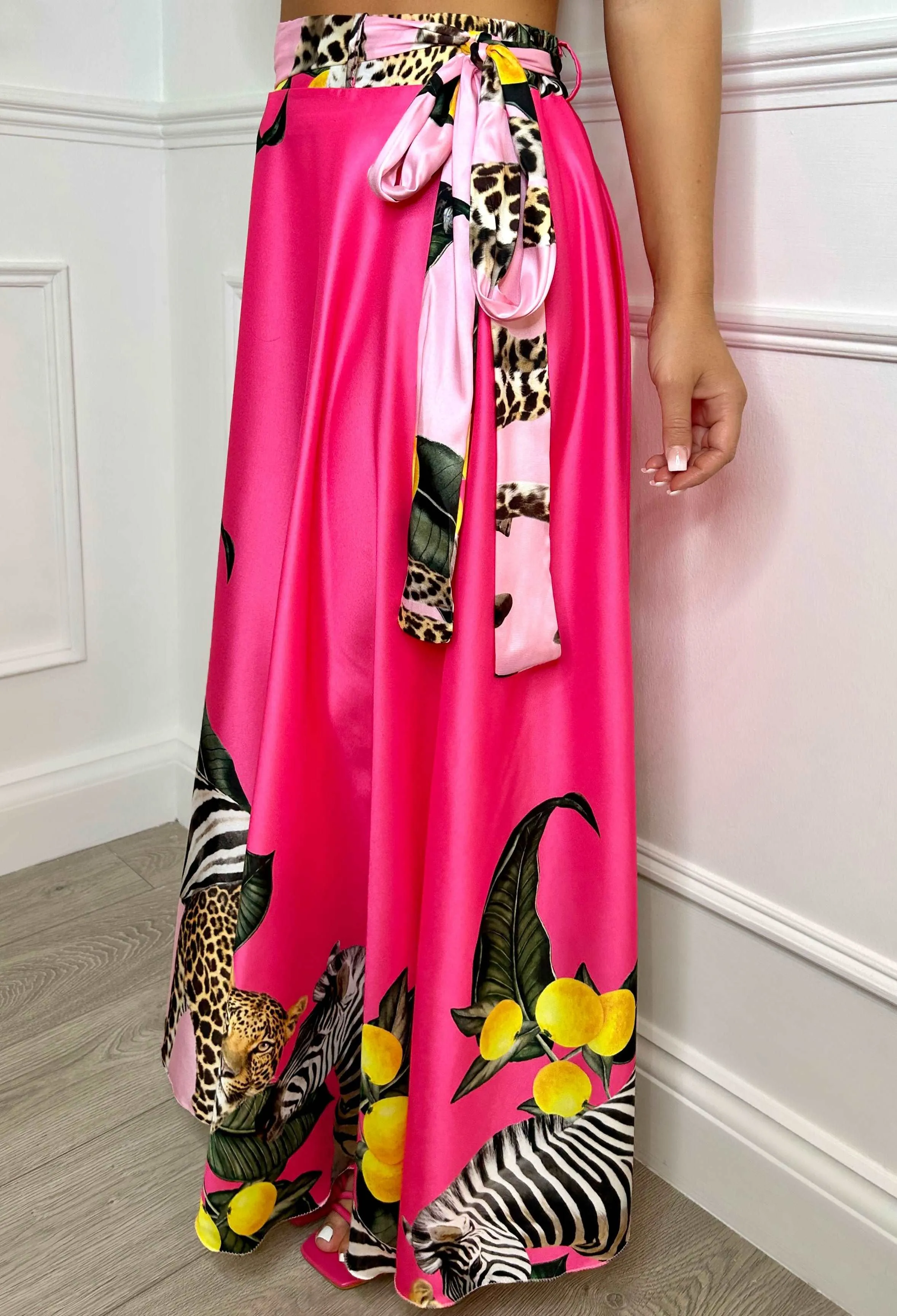 Beyond Belief Pink Satin Printed Maxi Skirt