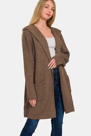 Brown Hooded Open Front Sweater Cardigan (Online Exclusive)