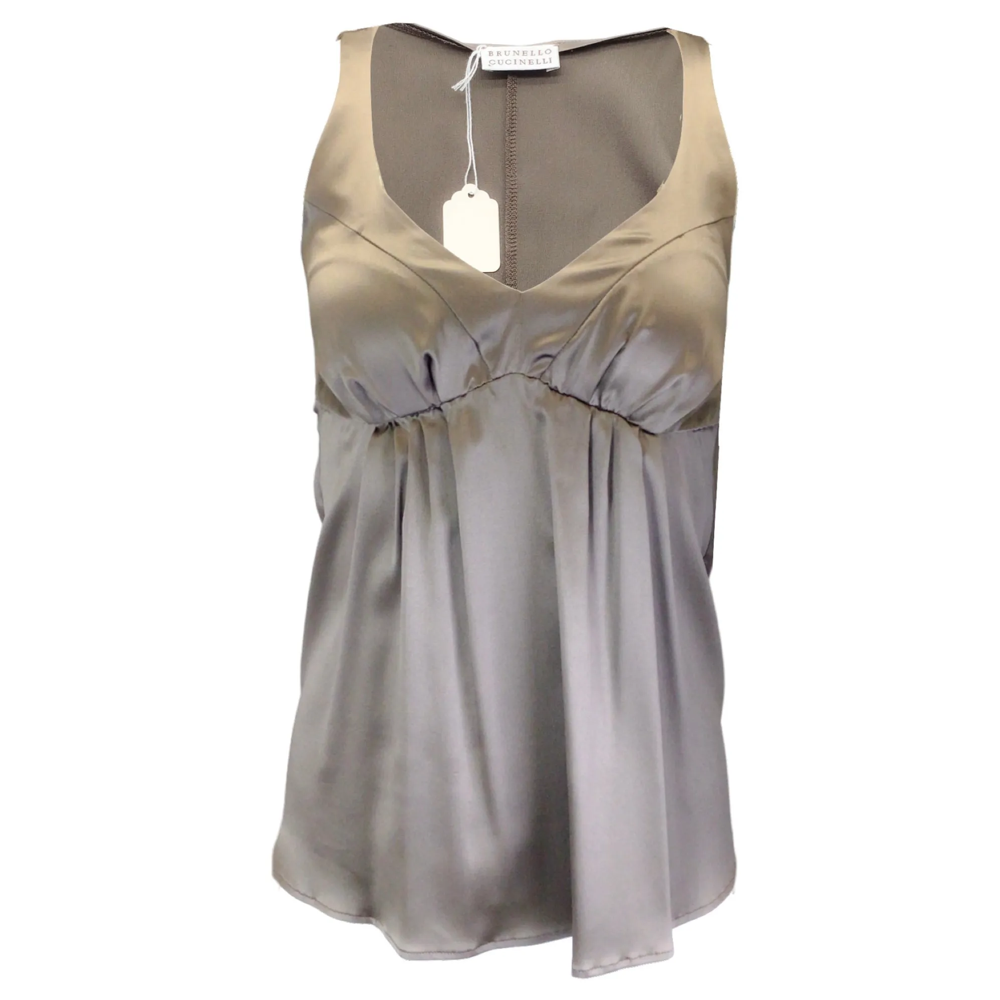 Brunello Cucinelli Taupe Sleeveless V-Neck Silk Blouse