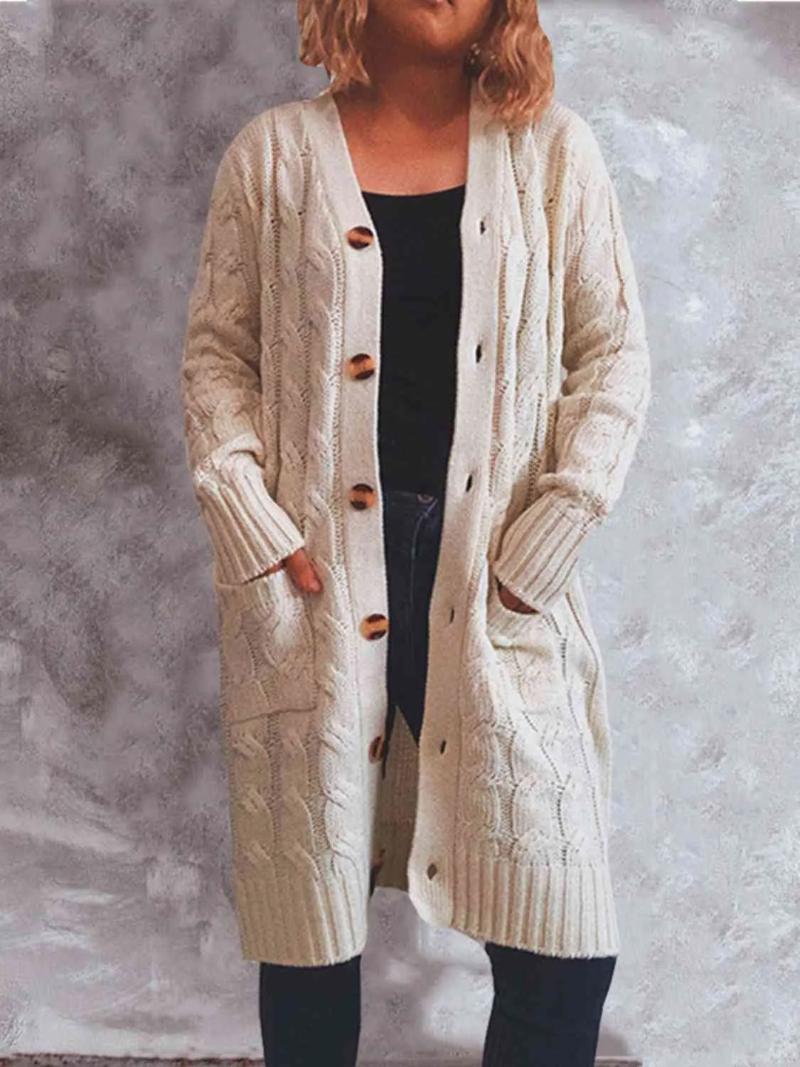 Button Up Cable-Knit Cardigan with Pockets