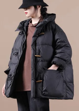 Casual Loose Fitting Womens Parka Overcoat Black Hooded Pockets Cotton Coat