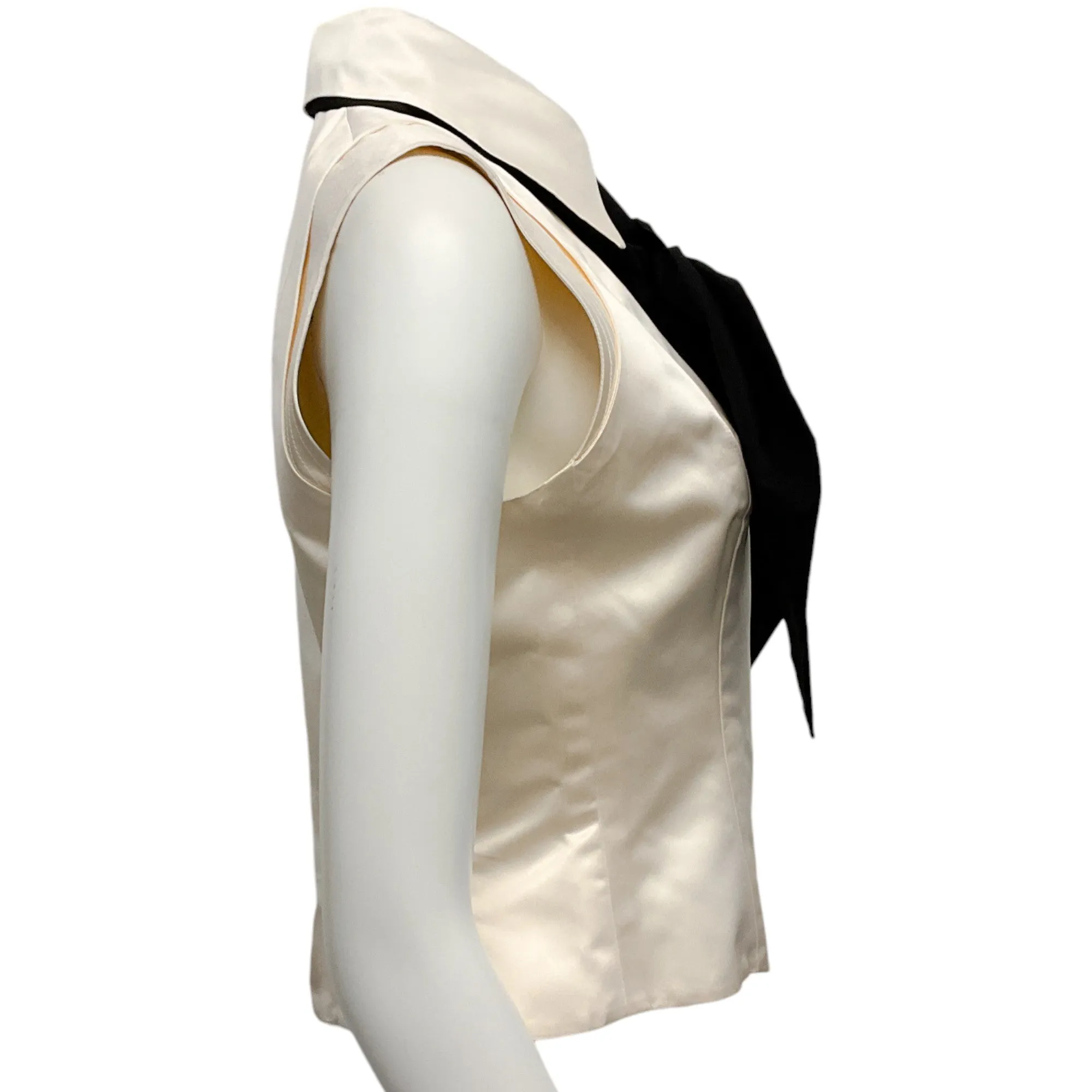 Chanel Ivory Silk Sleeveless Blouse with Black Tie Neck