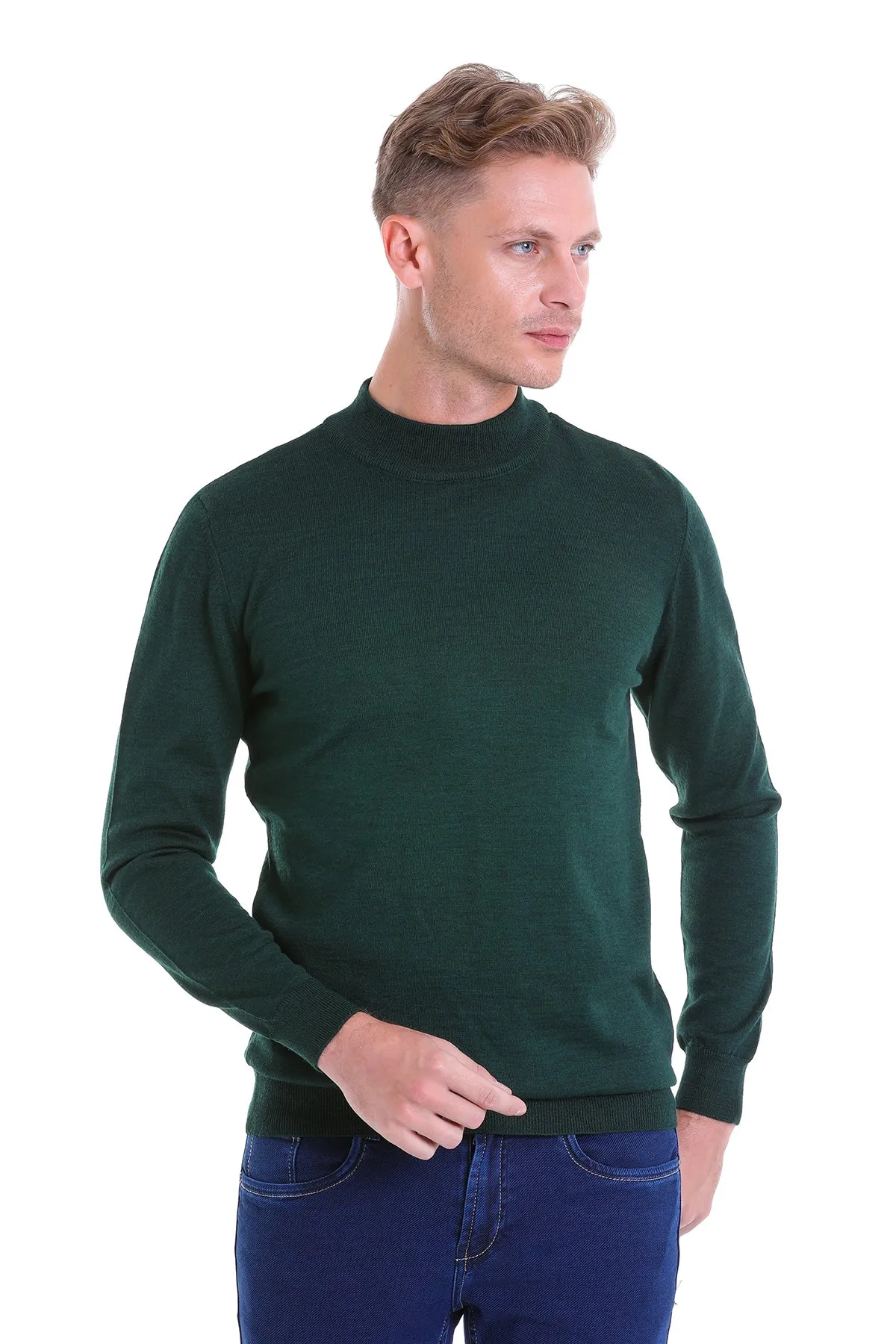 Comfort Fit Wool Blend Green Mock Neck Sweater