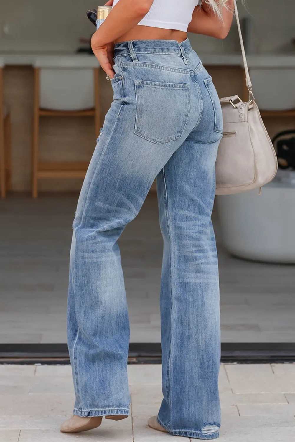 Distressed Straight Jeans with Pockets