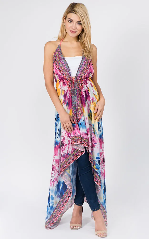 DP1C14 Spring Summer Printed Front Tie Long Vest