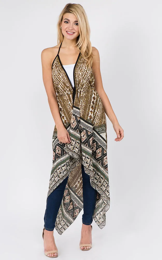 DP1C14 Spring Summer Printed Front Tie Long Vest