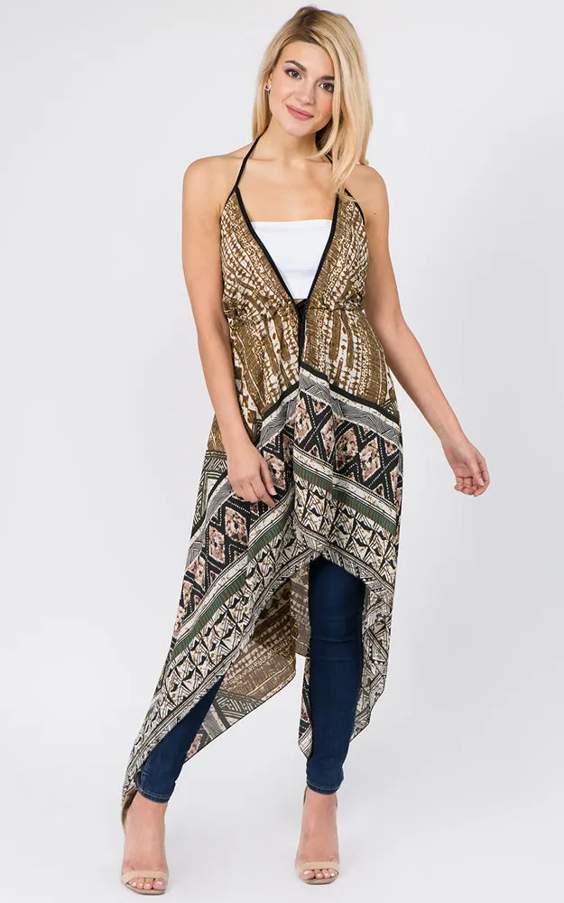 DP1C14 Spring Summer Printed Front Tie Long Vest