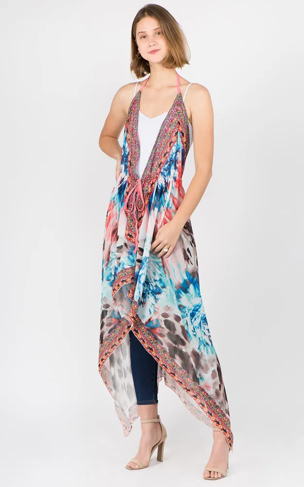 DP1C14 Spring Summer Printed Front Tie Long Vest