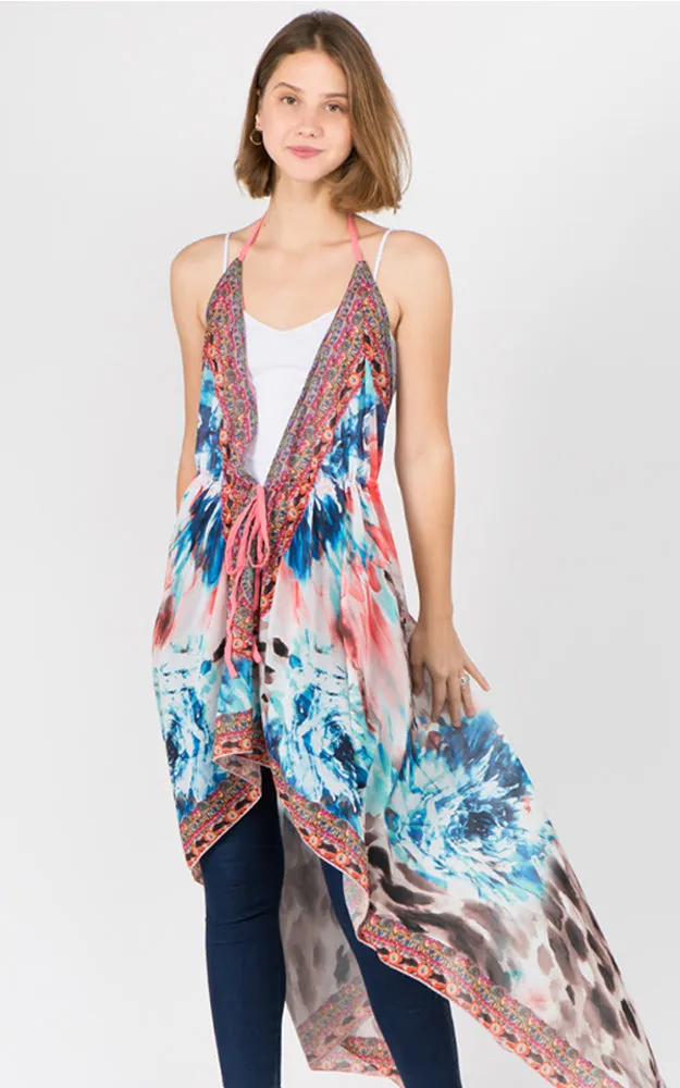 DP1C14 Spring Summer Printed Front Tie Long Vest