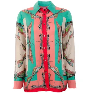 Franco Ferrari Coral / Aqua Insect Print Silk Blouse