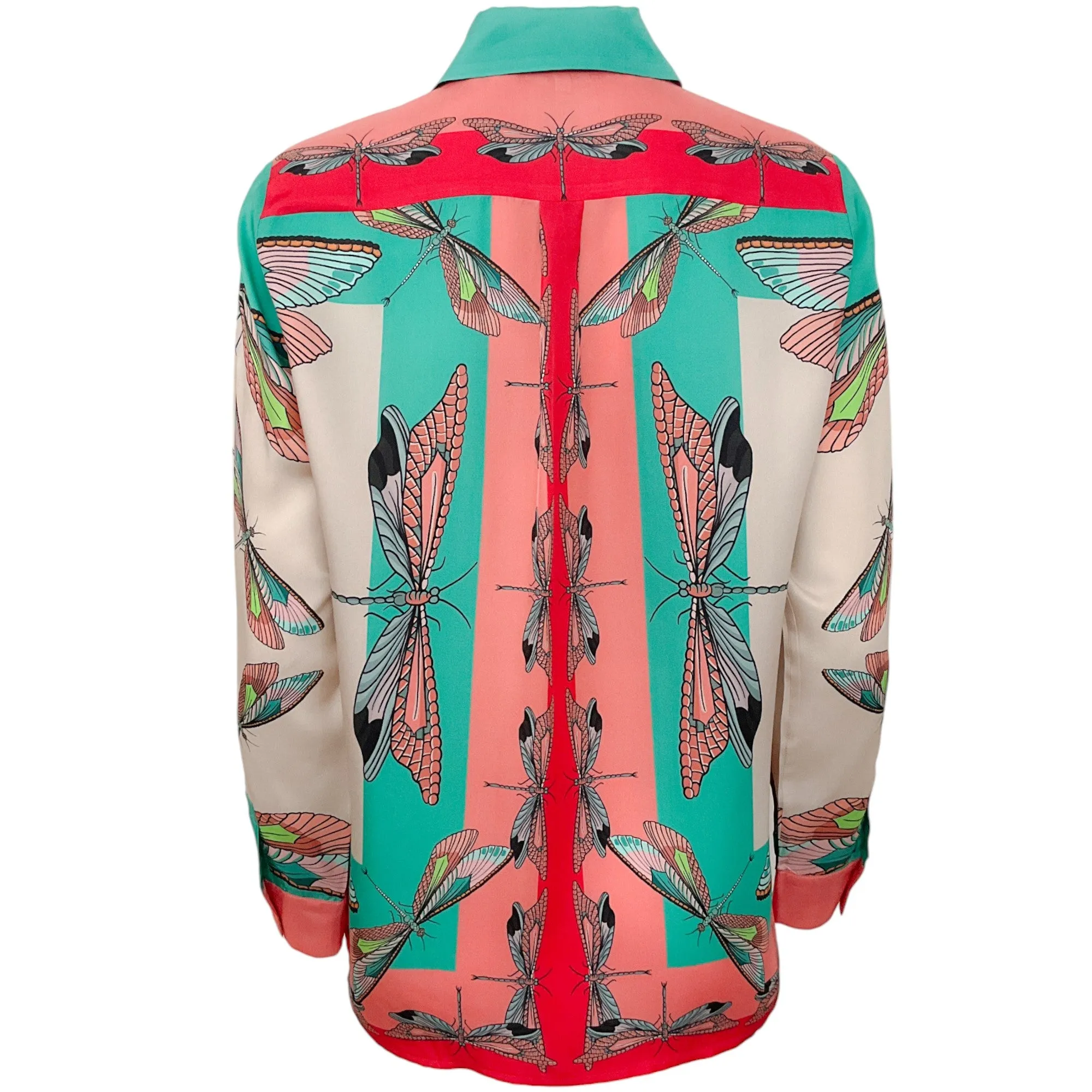 Franco Ferrari Coral / Aqua Insect Print Silk Blouse