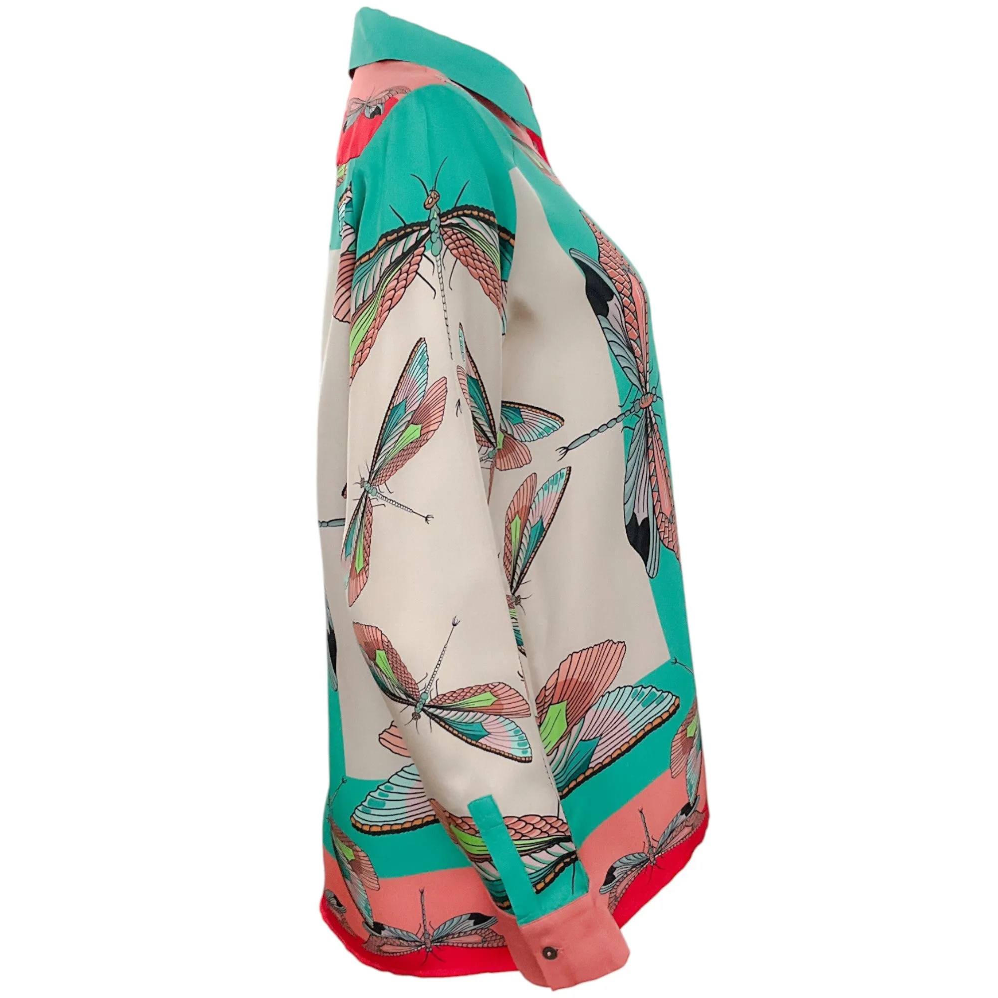 Franco Ferrari Coral / Aqua Insect Print Silk Blouse