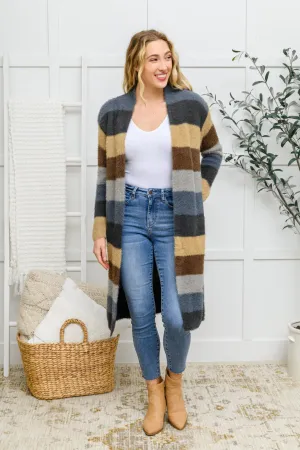 Fuzzy Longline Cardigan In Blue & Cocoa