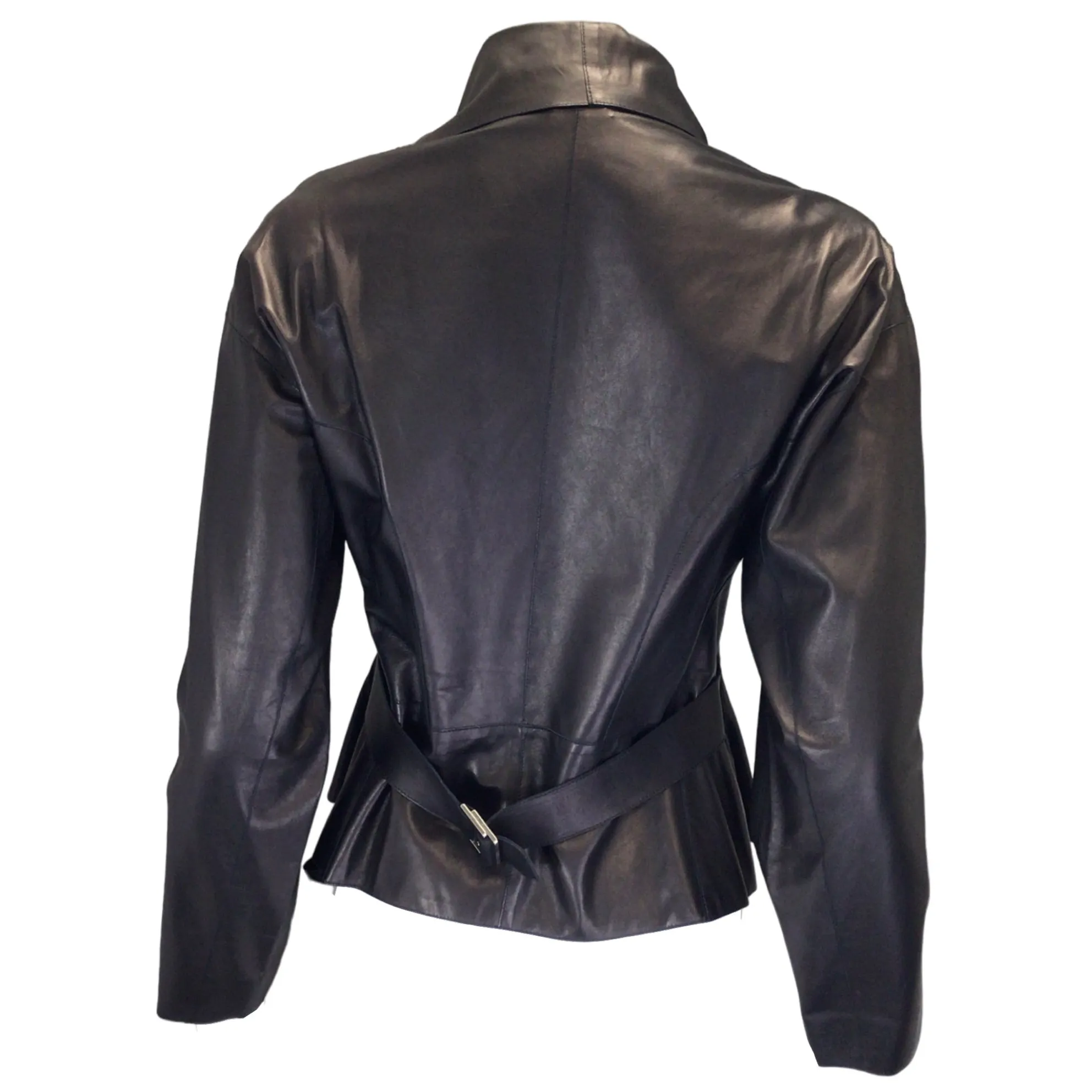 Giorgio Armani Black Bow Detail Moto Zip Leather Jacket