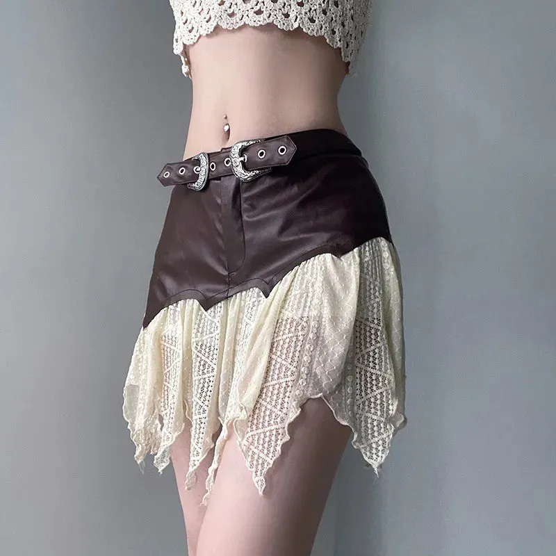 Girlary In American Retro Short Skirt One Piece Lace Patchwork Leather Half Skirt Women's Low Waisted Personalized Belt Pleated Skirt