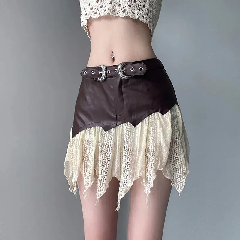 Girlary In American Retro Short Skirt One Piece Lace Patchwork Leather Half Skirt Women's Low Waisted Personalized Belt Pleated Skirt