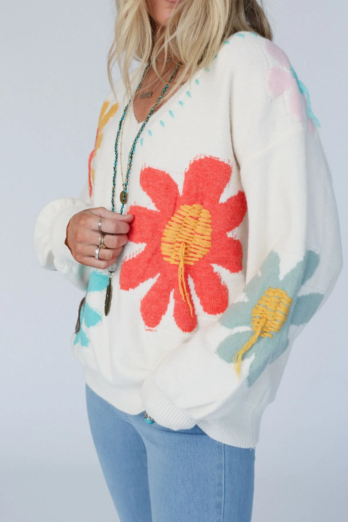 Good Mood Flower Print Sweater - Ivory