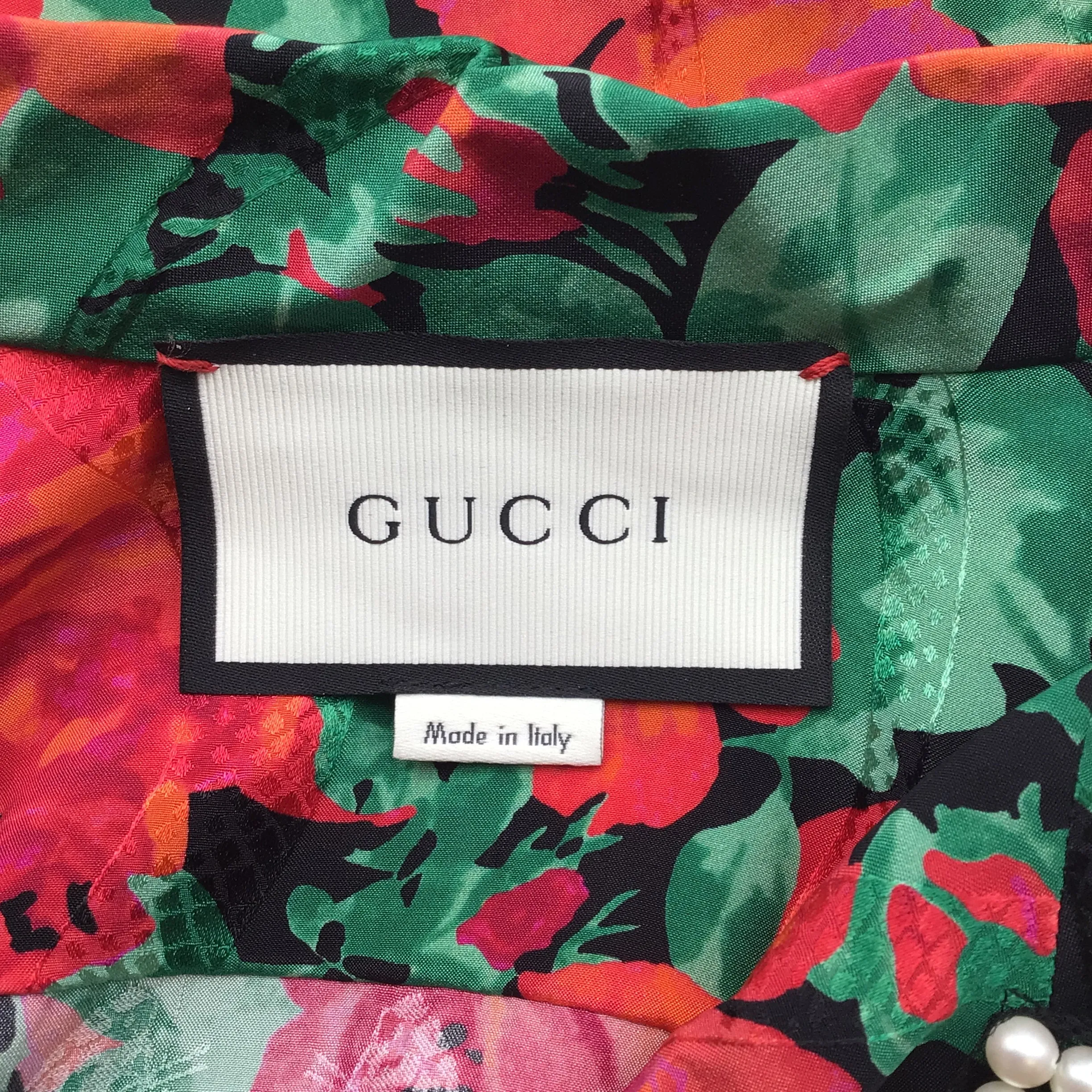 Gucci Red / Green / Black Pearl Embellished Rose Printed Silk Blouse