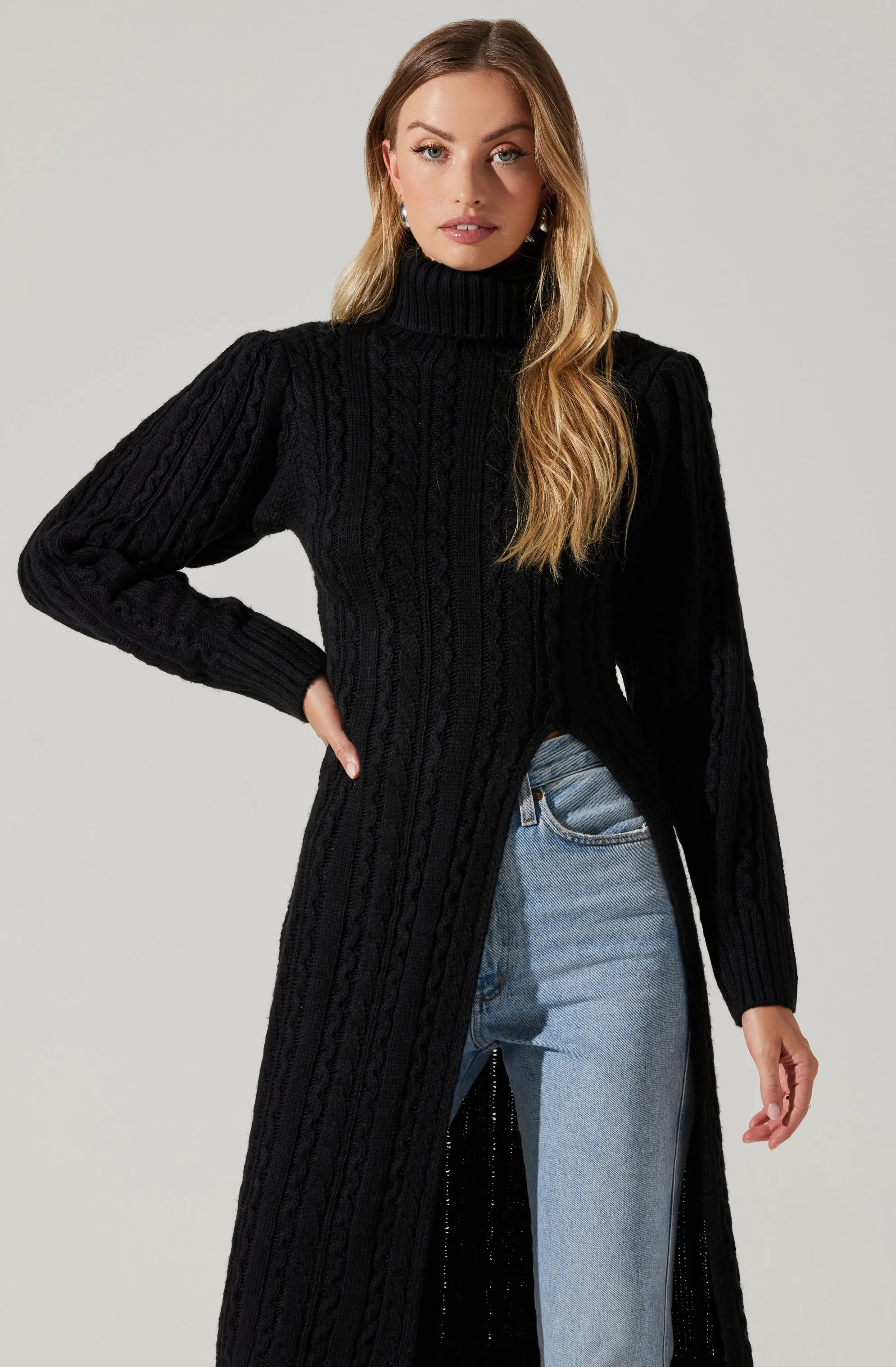 Hi Slit Cable Knit Sweater