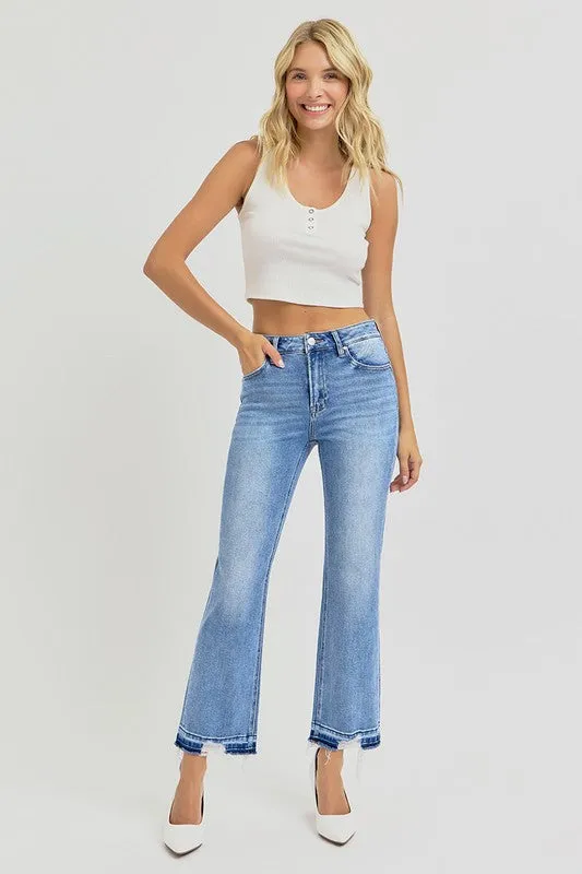 High Rise Distressed Shadow Hem Straight Jeans