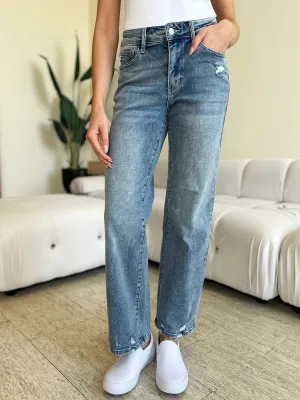 Judy Blue Mid Rise Distressed Straight Jeans [Online Exclusive]