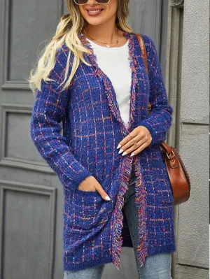 Long Sleeves Loose Plaid Pockets Tasseled Collarless Cardigan Tops