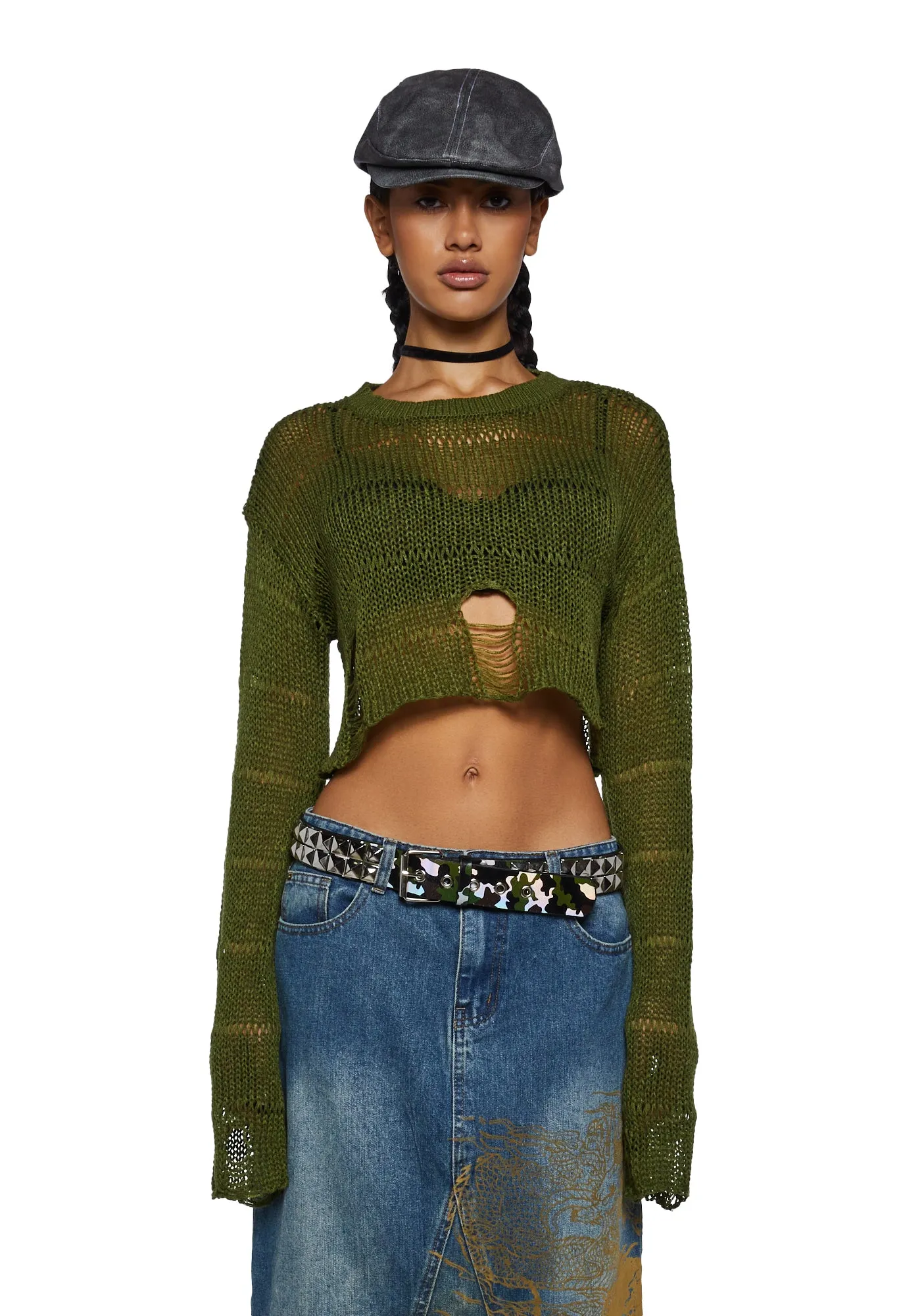 Melancholic Melody Crop Sweater - Olive