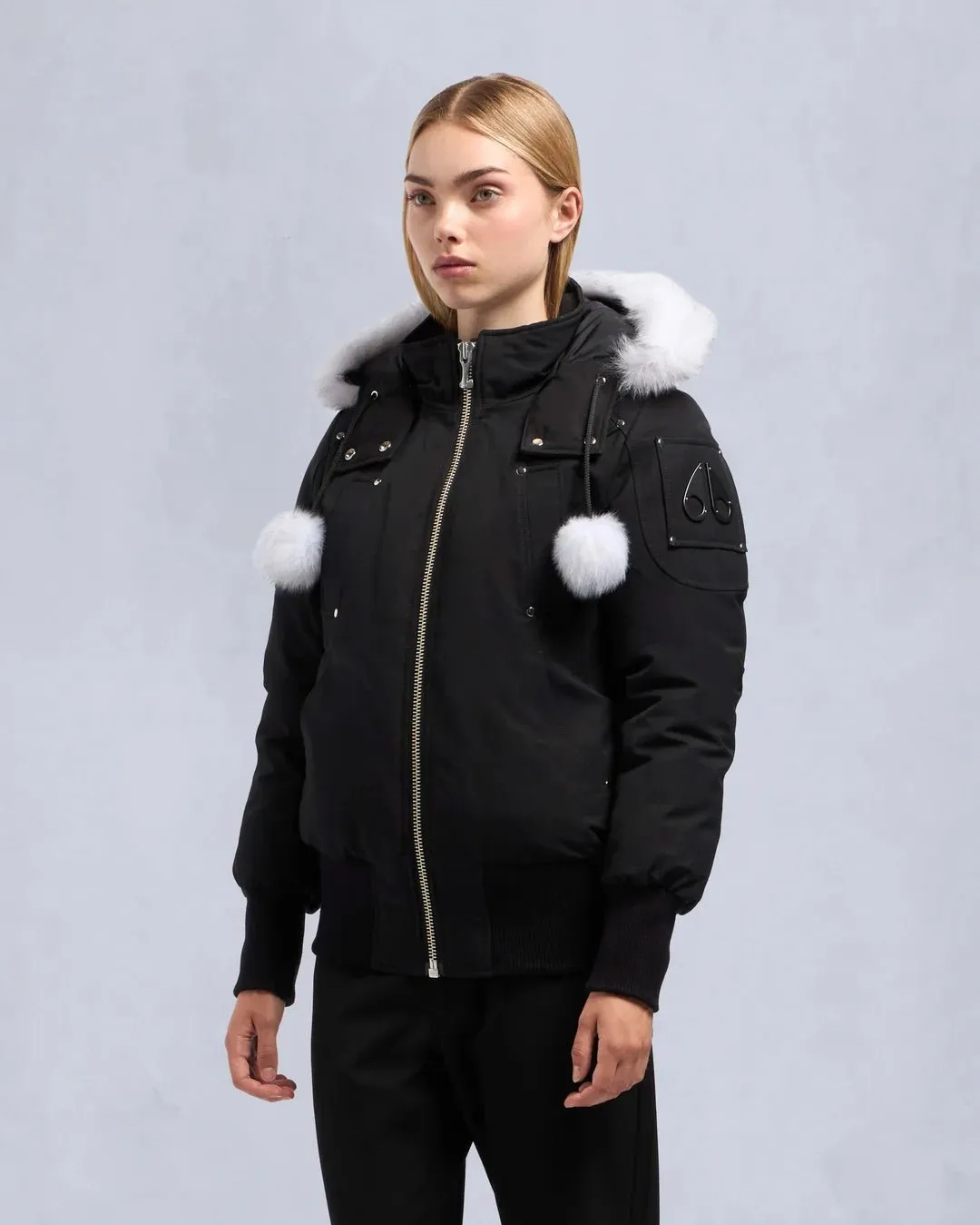 Optimized Title: Moose Knuckles Original Debbie Bomber Jacket with Shearling and Pom Pom Details - Style M32LB002S