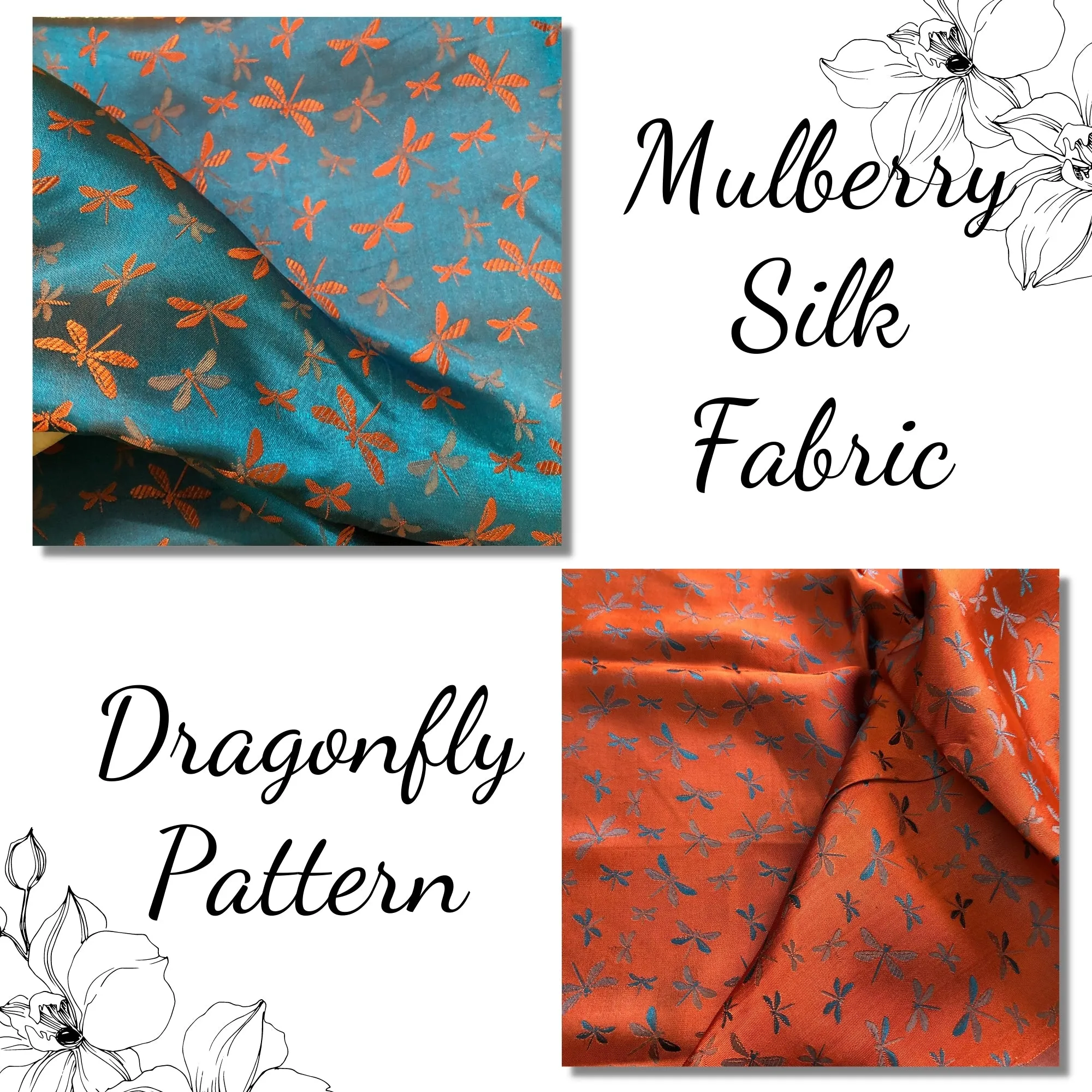 Mulberry Silk Pattern Fabric – Dragonfly Pattern – Silk for Sewing – Blue Silk with Orange Pattern Fabric