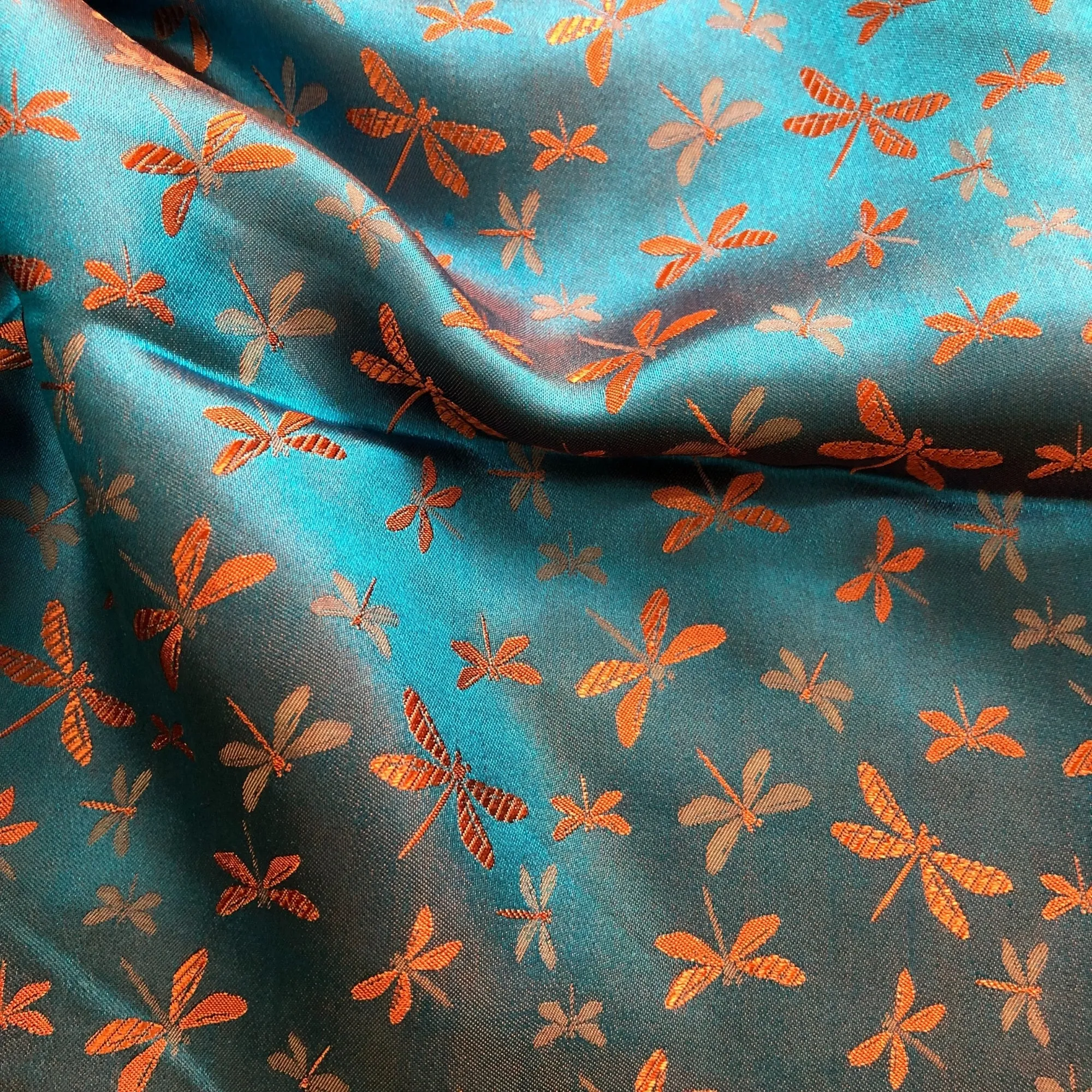 Mulberry Silk Pattern Fabric – Dragonfly Pattern – Silk for Sewing – Blue Silk with Orange Pattern Fabric