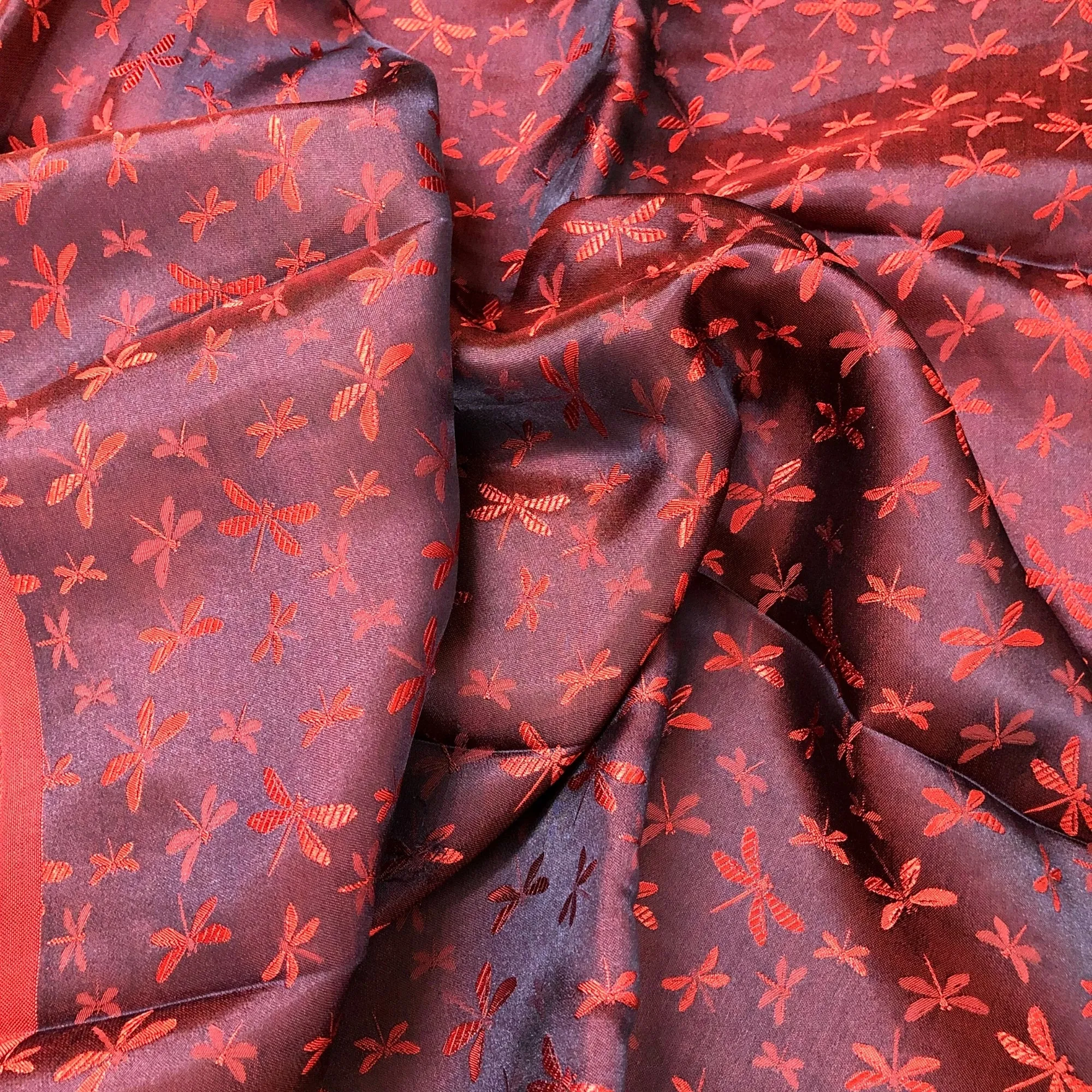 Mulberry Silk Pattern Fabric – Dragonfly Pattern – Silk for Sewing – Red Pattern Silk Fabric