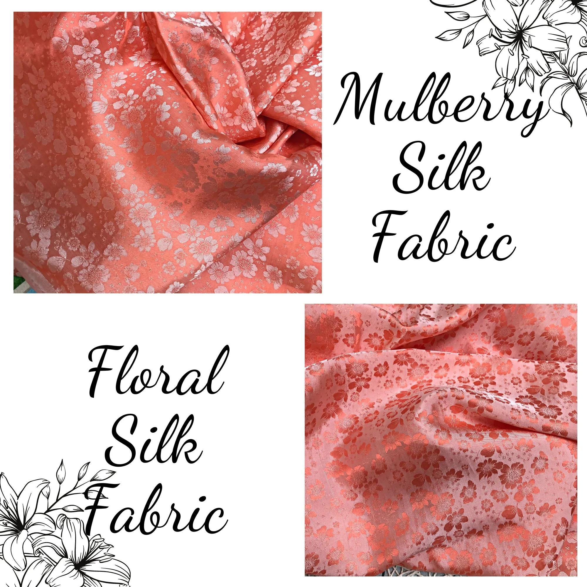 PURE MULBERRY SILK fabric by the yard - Light orange silk fabric - Floral silk - Handmade fabric – Dress making – Silk for sewing - Gift for women