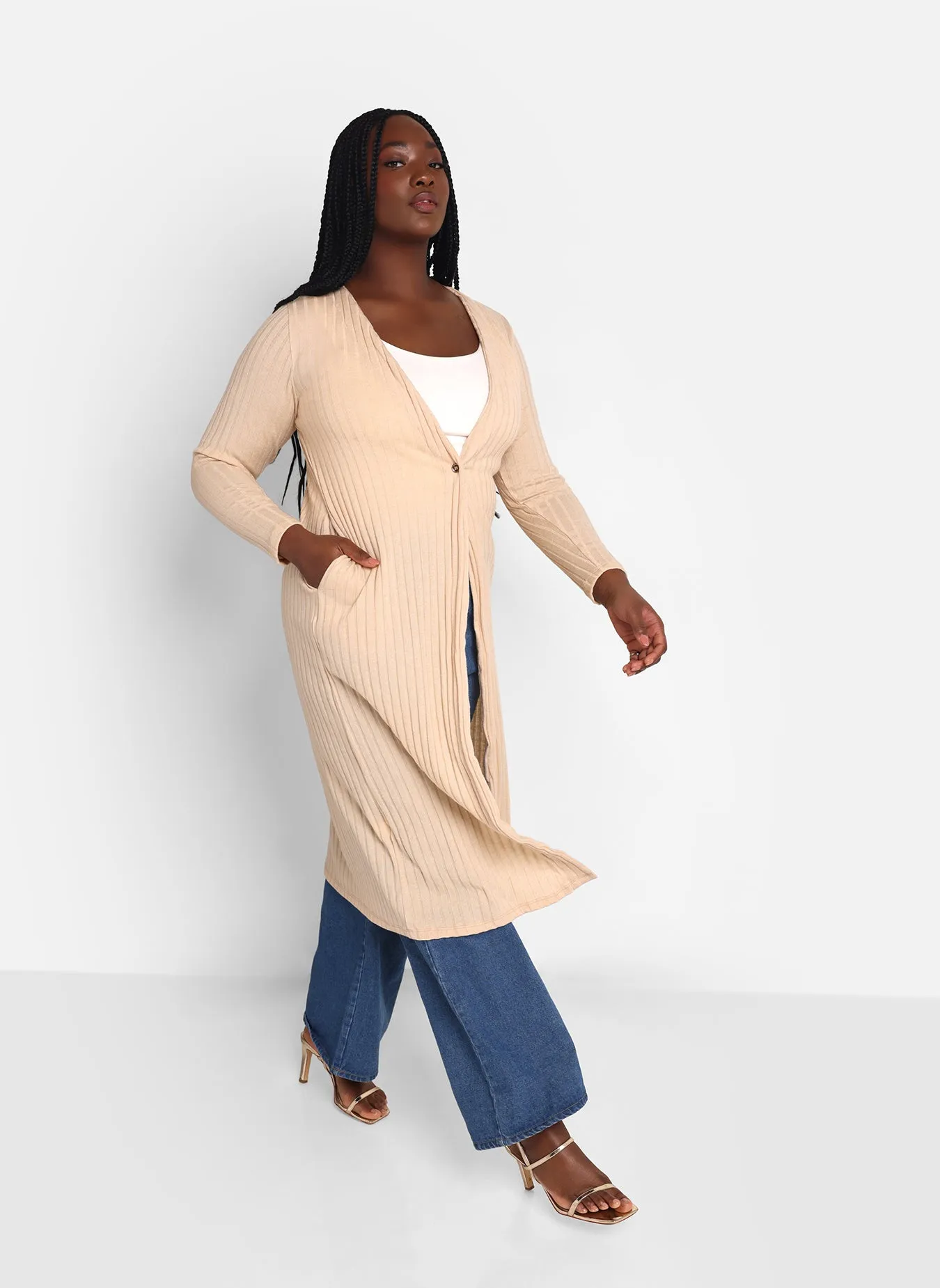 Rhonda Knit Ribbed Single Button Longline Duster - Ivory